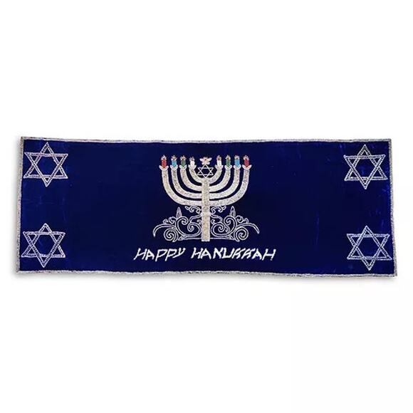 New Sudha Pennathur Blue Velvet hand embroidered Menorah Table Runner Hanukkah - Picture 1 of 5